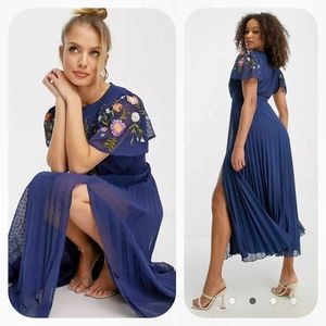 ASOS Pleated Textured Cowl Front Embroidered Floral Midi Dress Blue Size 10